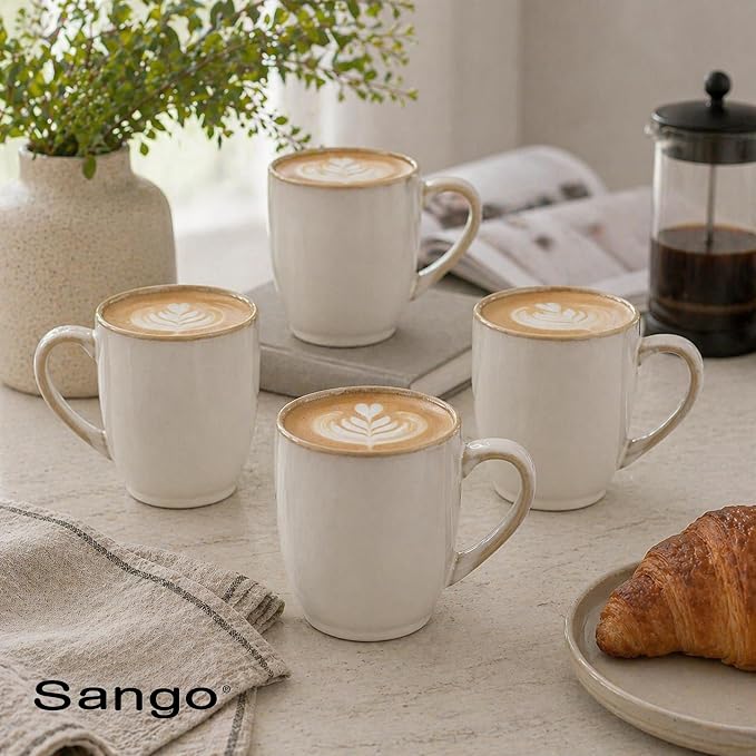 SANGO Resona Moss Stoneware Heat Resistant Coffee Mugs, Microwave and Oven Safe, 12 oz, White, 4 Count