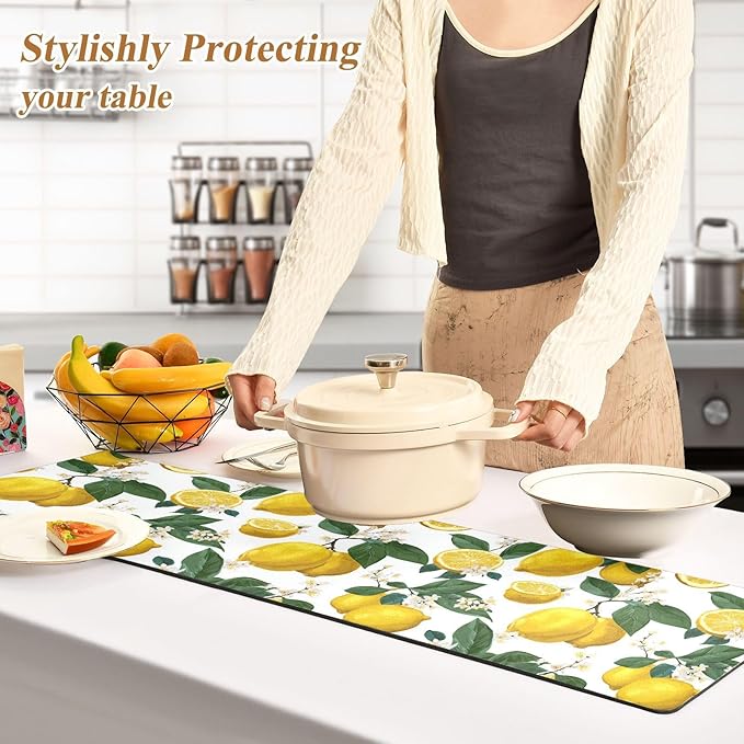 2 in 1 Table Runner Trivet for Hot Pots and Pans Heat Resistant Non Slip Waterproof 39 x 12 Inch Decorative Table Protector for Kitchen Countertop Lemon Branch Flower