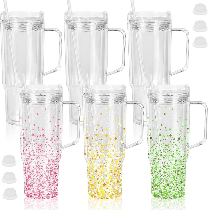 CHLJAR 40 Oz Acrylic Snow Globe Tumbler with Handle, 6 Pack Pre-Drilled Double Wall Plastic Clear For Glitter Snow Globe Diy, Double Wall For Glitter snow globe, Snowglobe Tumbler Supplies