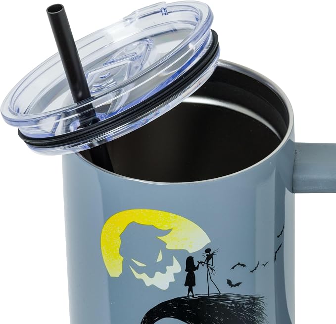 Silver Buffalo Disney Nightmare Before Christmas Featuring Oogie Boogie, Jack Skellington, and Sally Double Walled Stainless Steel Tumbler with Handle and Straw, Fits in Standard Cup Holder, 40 Ounces