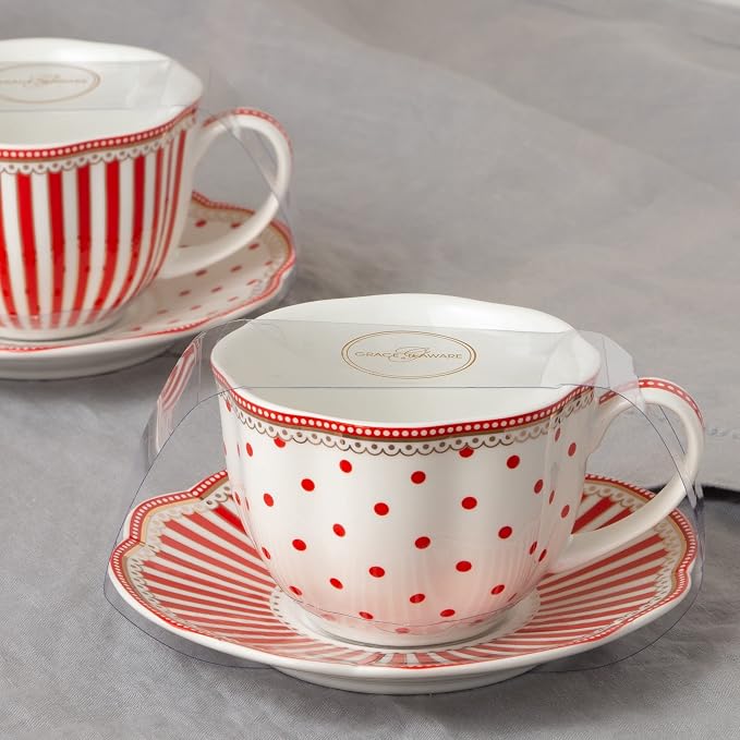 Red Dot Stripes Scallop 9-Ounce Porcelain Tea/Coffee Cup and Saucer, Set of 2