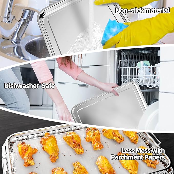 Air Fryer Basket, 2 Set Air Fryer Pans and Tray for Oven with 60 PCS Parchment Papers, DEGOVIN Non-stick Stainless Steel Oven Air Fryer Basket and Tray-18.8" x 12.8"Extra Large &14.88"×10.98"Large