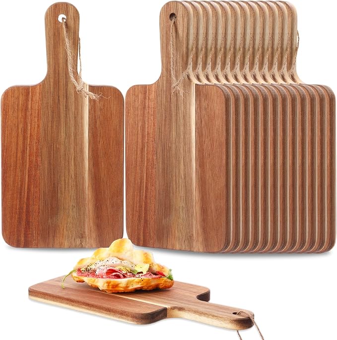 Geetery 16 Pcs Acacia Wood Cutting Board with Handles Bulk, Wooden Charcuterie Boards Serving Chopping Boards for Kitchen, Pizza, Bread, Vegetables, Laser Engraving, Housewarming Gifts(12 x 6 Inch)