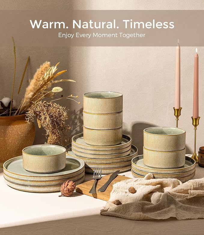 GBHOME 18-Piece Stoneware Dinnerware Set for 6 – Ribbed Ceramic Plates and Bowls, Scratch-Resistant, Microwave & Dishwasher Safe, Reactive Glaze, Desert Sage