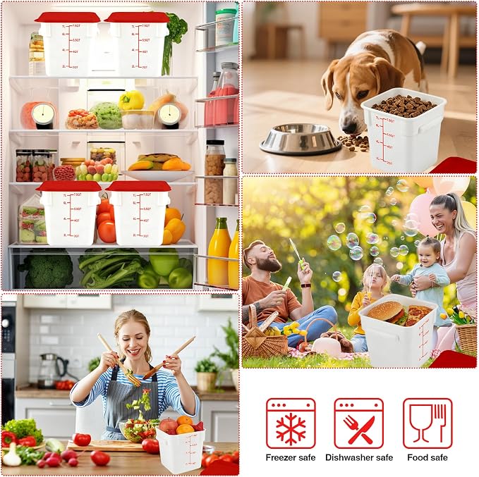 Square Food Containers with Lids 4-Pack, Commercial Grade Plastic Bins for Restaurant Kitchen Pantry Storage, Freezer & Dishwasher Safe (Red, 8QT-4PACK)