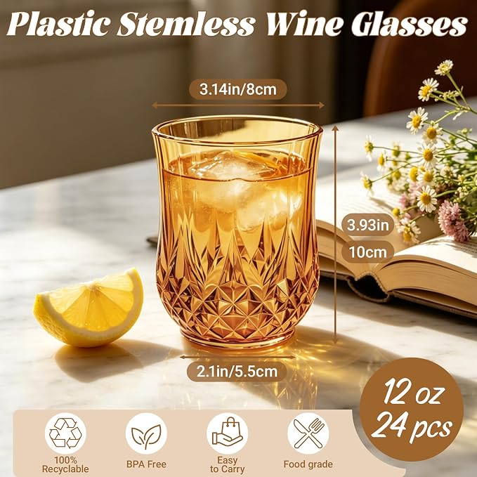 24 Pack Plastic Stemless Wine Glasses,12oz Unbreakable Vintage Elegant Drinking Glass Set,Reusable Fancy Cocktail Cups for Party, Wedding, and Bulk Events (24, 12oz-Amber)