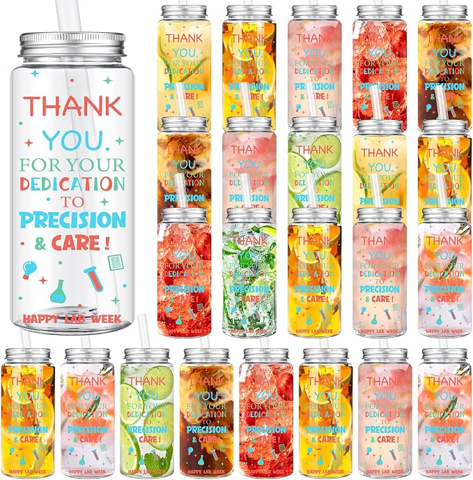 Skylety 24 Pcs Lab Week 2026 Gifts Cups Bulk, Laboratory Science Cups Appreciation Gifts 14oz Plastic Tumblers with Lids & Straws, for Laboratory Workers, Scientists, Medical Students & Graduates