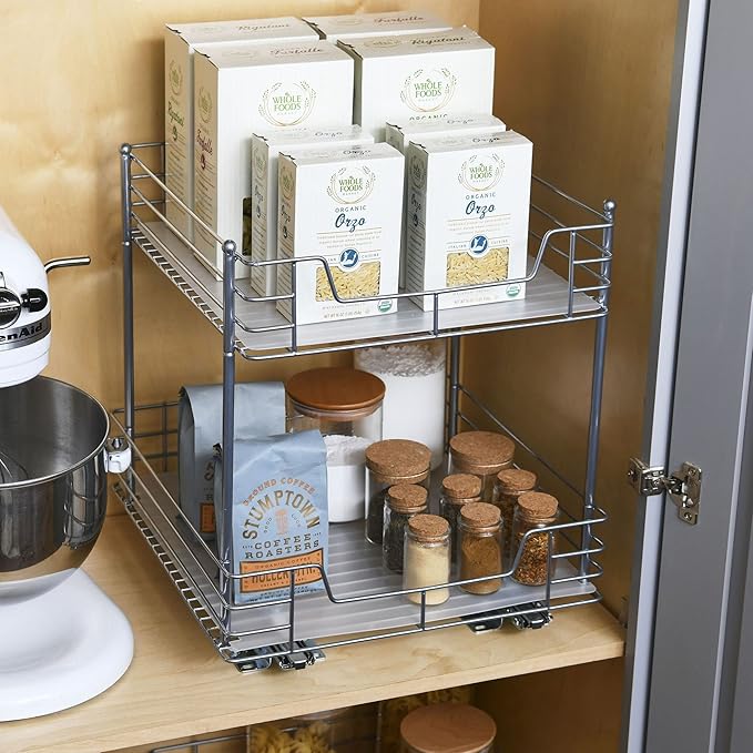 Household Essentials Glidez Steel Pull-Out/Slide-Out Storage Organizer with Plastic Liners for Under Cabinet or Wire Shelf Use - 2-Tier Design - Fits Standard Size Cabinet or Shelf, Brushed Silver