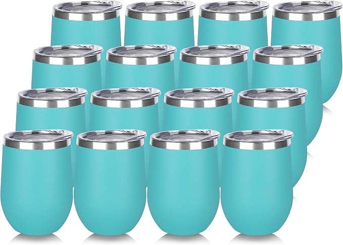 DOMICARE Stainless Steel Wine Tumbler Bulk with Lid, Personalized Insulated Tumblers Set, 12oz Travel Coffee Cups Pack of 16, Light Blue