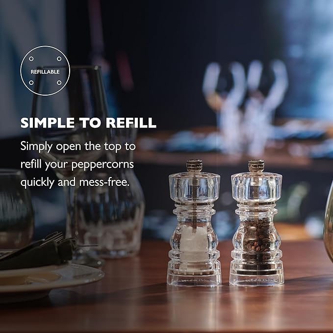 Cole & Mason London Refillable Spice Mill - Kitchen & Home Accessory - Table Black Pepper Grinder - Pepper Mill with Carbon Steel Mechanism - 5", Acrylic