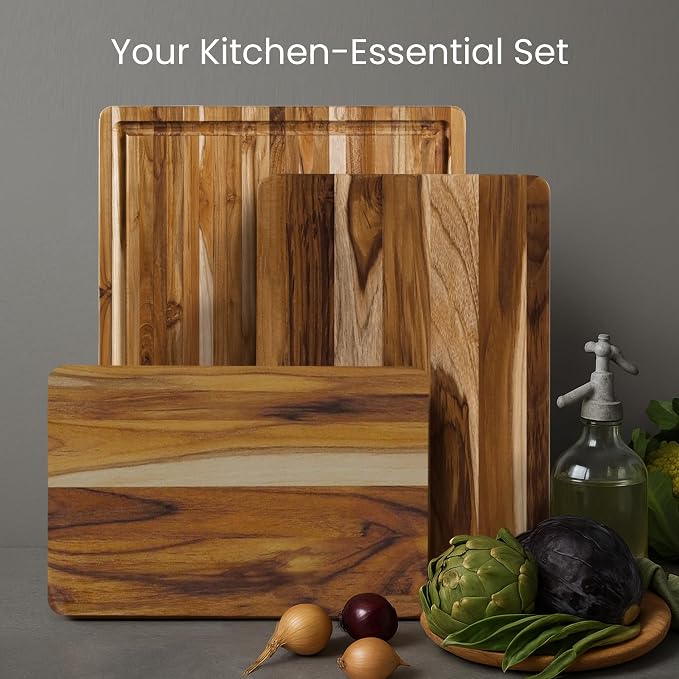 Teakhaus Teak Wood Cutting Board Set of 3 - Small, Medium and Large Teak Cutting Boards - Holiday Gift Ideas for Men and Women - Gift-Ready, Reversible, Edge Grain, Knife Friendly - FSC Certified