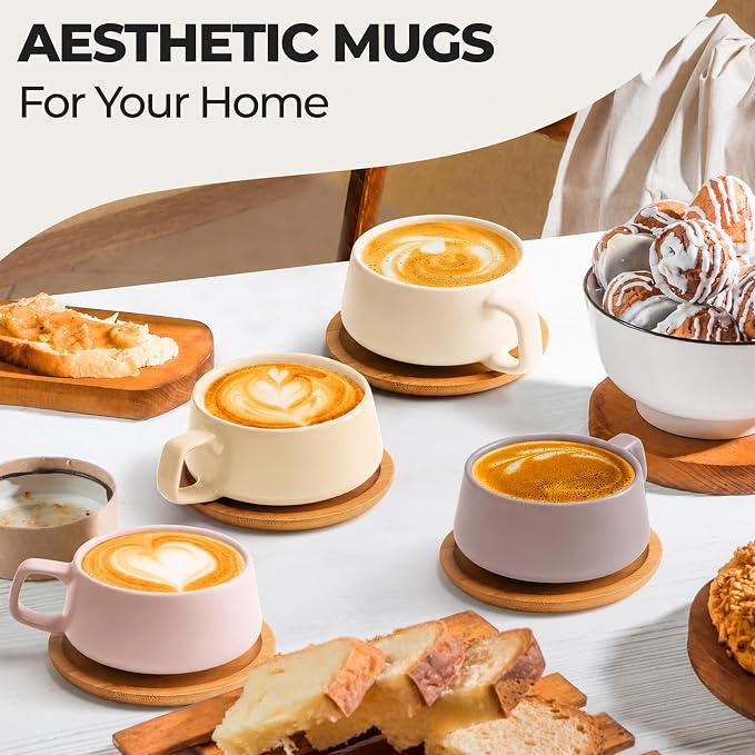 MIAMIO – 11 Oz., Set of 4 Ceramic Tea Cup and Saucer Bamboo/Tea Mug - Wide Cappuccino Cup, Coffee Cups Ceramic Mug for Cappuccino, Latte, Espresso & Americano - Luxe Collection (Cream Rose)
