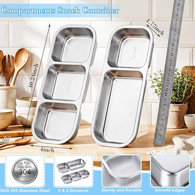 8 Pack Stainless Steel Snack Containers with Leak Proof Lids, 2/3 Compartments Metal Bento Lunch Box, Reusable Divided Food Storage Container for Adults Home Travel Work (Blue)