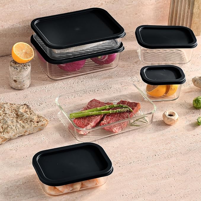 EATEX Grooved Base Glass Meal Prep Containers, 12 Pack Glass Storage Containers with Lids for Meal Prep & Lunch, Microwave Oven Freezer Dishwasher Safe, Anti Moisture Non-Stick Design - Sage Green