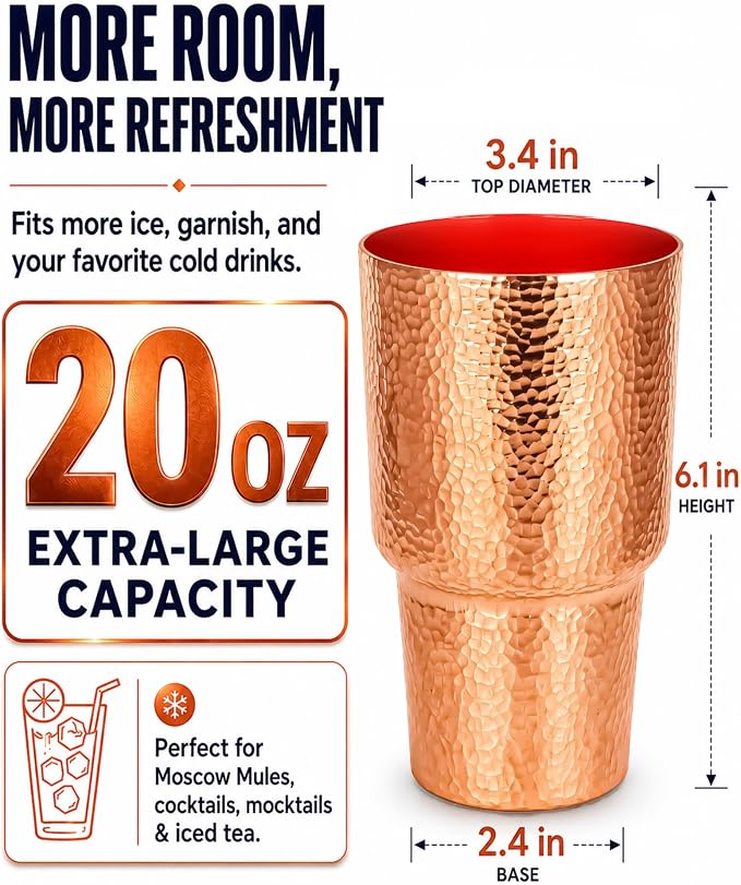 20 oz Pure Copper Cup for Drinking, Tall Hand-Hammered Ayurvedic Water Tumbler, Cold-Retentive Mug for Moscow Mule, Cocktails & Whiskey, Ideal for Bar, Home & Parties (1)