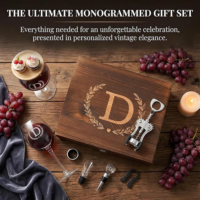 GZLDGIFTS Personalized Initial Wine Glasses Box Gift Set For Women Mom Engraved Birthday Monogrammed Wooden Christmas Gifts Wedding Anniversary Wine Couples Stopper Opener Initial Letterr (T Set)