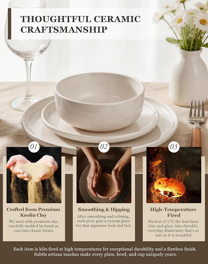 OTAGO 24-Piece White Stoneware Dinnerware Set for 6 with Mugs, Plates and Bowls Sets with Partially Unglazed Base, Scratch Resistant Ceramic Dish Set, Microwave & Dishwasher Safe for Kitchen