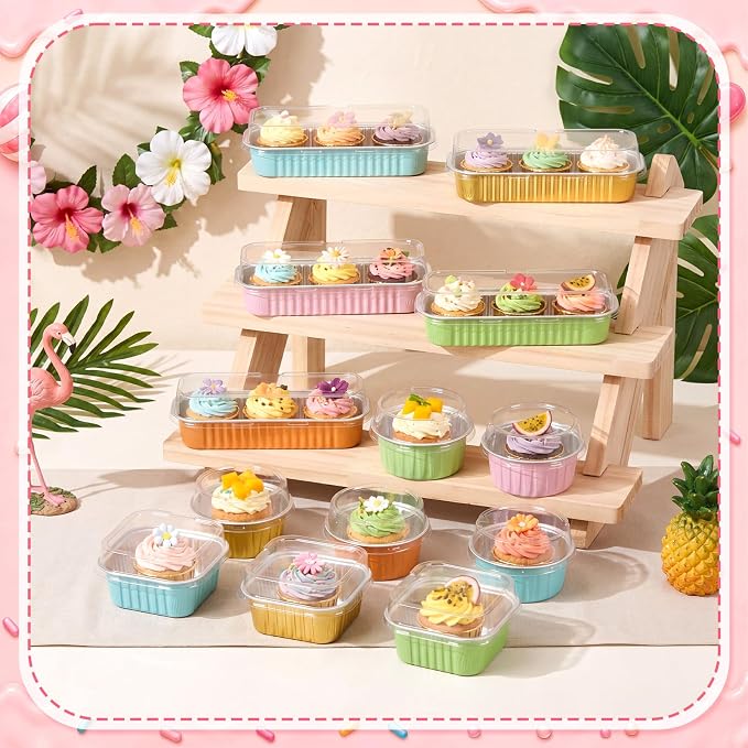 Blushtier 120 Set/240 Pcs Mini Loaf Pans with Lids and Spoons Disposable Mini Cake Pans, 6.8, 5, 4.2 oz Square Rectangle Round Aluminum Foil Cupcake Baking Cups Dessert Liners Tins for Desserts