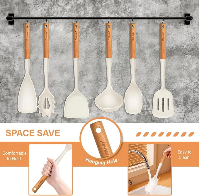 Large Silicone Kitchen Utensils Set with Holder, 25Pcs Cooking Utensil Set with Wooden Handle, Heat Resistant Spatula Sets for Cooking, BPA Free Silicone Utensils Set for Non-Stick Cookware(White)