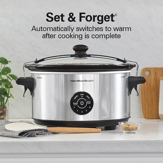 Hamilton Beach 7 Quart Stay or Go Portable Programmable Slow Cooker | 15 Cooking Options | Clip-Tight Glass Lid For Easy Travel | Dishwasher Safe Stoneware Crock | Silver