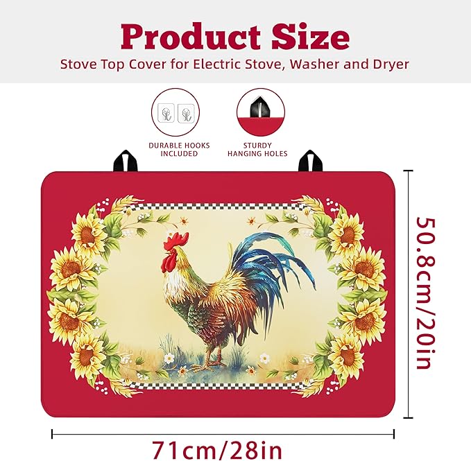 Farmhouse Rooster Stove Top Covers for Electric Stove 20x28 Inch Farmhouse Heat Resistant Glass Top Stove Cover Washable Foldable Cooktop Protector