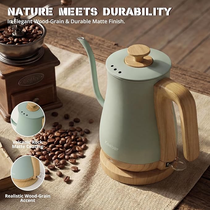 Electric Kettle, Electric Tea Kettle Stainless Steel, Gooseneck Electric Kettle, 1000W Hot Water Kettle Electric Auto Shut Off, 0.8L, Wood-like Grain Finish Handle, Light Green