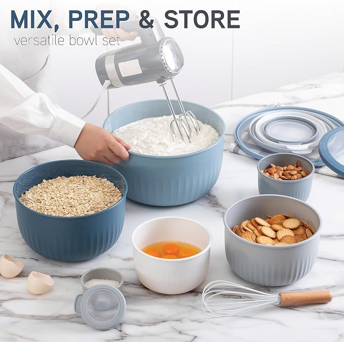 COOK WITH COLOR Prep Bowls with Lids- Wide and Deep Nesting Plastic Small Mixing Bowl Set with Lids, 12 Piece Set - Deep Bowls, Blue/Grey
