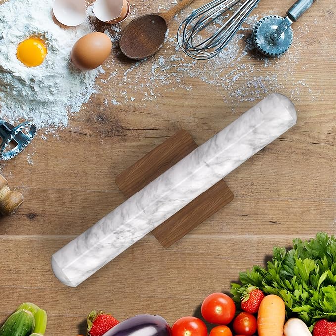 Marble Rolling Pin with Wooden Stand, FiiMan 12 Inch Heavy Rolling Pin for Dough, Stone French Polished Non-Stick Roller Pins For Baking Cookie Pizza Pastry (White)