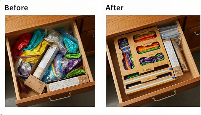 Storage Bag organizer, 6 in 1 Foil and Plastic Wrap Dispenser with Cutter, Bamboo Kitchen Drawer Organizer Food Bag Organizer for Gallon, Quart, Sandwich, Snack Bags (Natural)