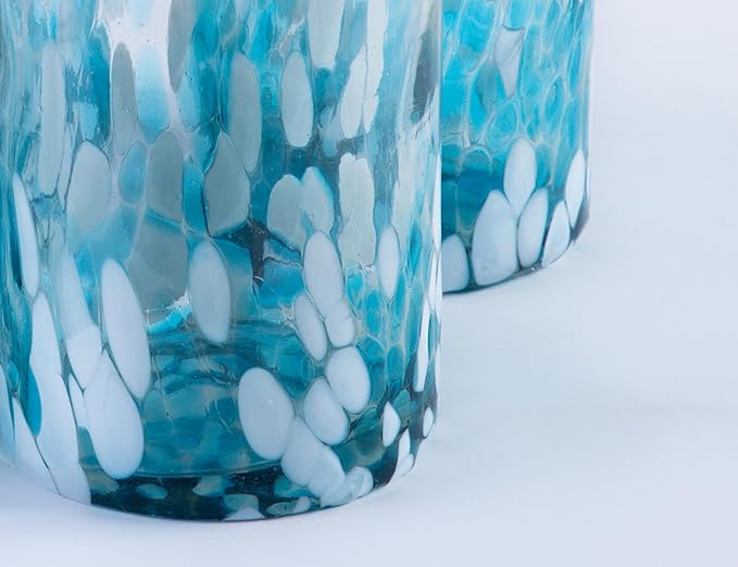 18 oz Hand Blown Mexican Drinking Glasses - Set of 6 tumblers, 18 fl oz each, Ocean Blue Confetti