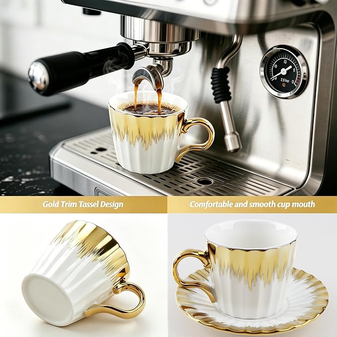 Coffee Cup Set of 6 with Saucers, 3.5 OZ Ceramic Espresso Cups, Deco Golden Turkish Coffee Cup Gift for Cappuccino, Latte, Cafe Mocha and Tea, Dishwasher & Microwave Safe (Gold Trim)