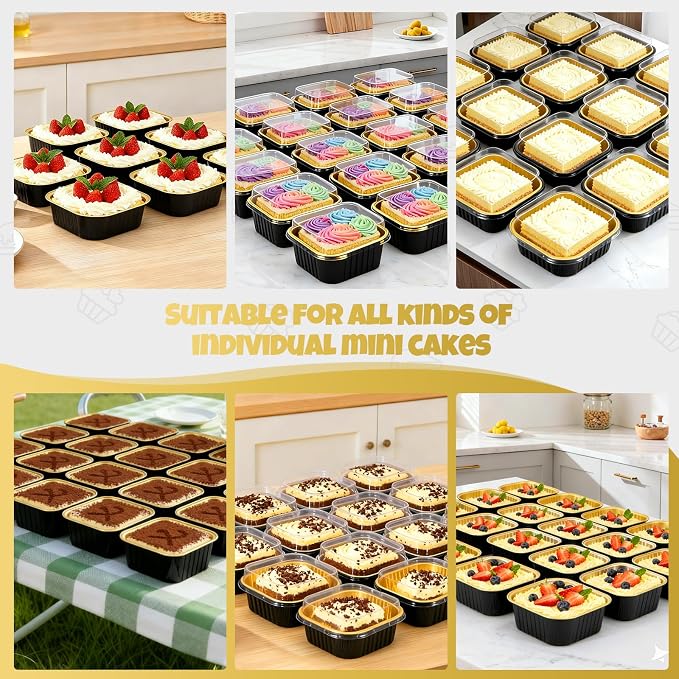 50 Pack 10oz Mini Cake Pans With Lids, Aluminum Foil Square Brownie Baking Cups,Disposable 4”x4” Large Cupcake Pan,Jumbo Muffin Tin Ramekins Holders-Black in Gold