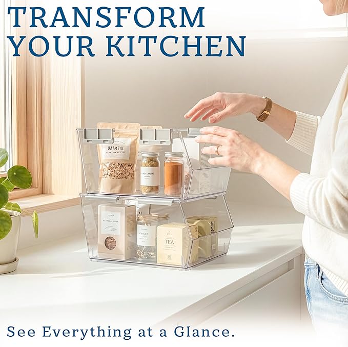 HOMESTEAD Set of 2 Large Stackable Storage Bins, Clear Plastic Organizer Bins, Open Front Design for Kitchen Pantry, Fridge, Cabinet, Bathroom and Cabinet Organization