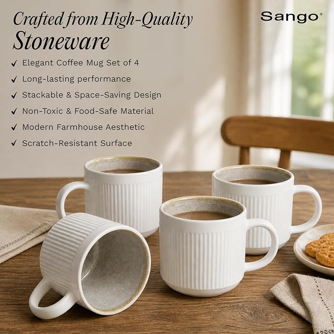 SANGO Anderson Cream Coffee Mugs Set of 4, 16.5 oz Stoneware Coffee Mug Set, Big Ceramic Tea Cup with Reactive Glaze for Cappuccino, Latte, Large Coffee Cups with Handle, Microwave & Dishwasher Safe