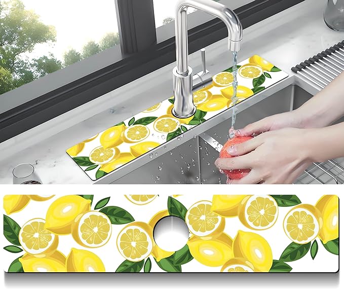 Kitchen Sink Splash Guard Faucet Mat Super Absorbent Fast Drying Mat Sink Gadgets Splash Guard Behind Faucet Drip Catcher for Kitchen (Lemon-1, 23.5x5.5in)