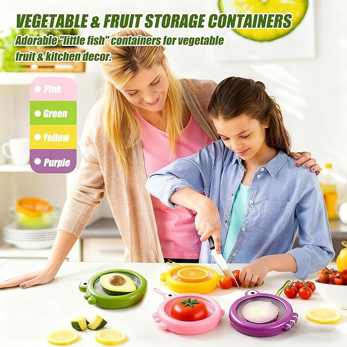 Set of 4 Fish-Shaped Fresh Food Containers, Fresh Pod, Reusable Silicone Storage Pods for Avocado, Onions, Lemon, Tomatoes, Garlic – Anti-Oxidation for Fridge, Send Goods from Local Warehouse