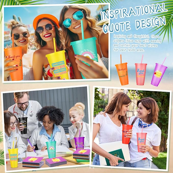 Feifeiya 72 Pcs/ 24 Set Thank You Gifts Bulk 24 oz Employee Staff Appreciation Tumbler with Lids and Straws Motivational Pens Inspirational Notepads Plastic Cup Gift (awesome, Colorful 2)