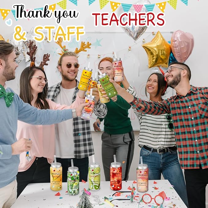Skylety 24 Pcs Back to School Gift Bulk Teacher and Staff Appreciation Cup 14 oz Thank You Cups Plastic Cups with Lid and Straw for School Teacher Staff Office Classroom Party Favor Supplies