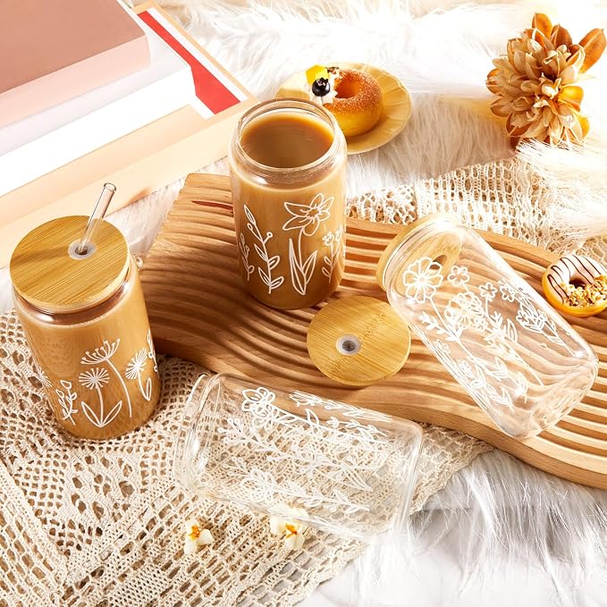 Mumufy 4 Pack Glass Cups Gift Aesthetic Cute Glass Cup Tumbler Flower Iced Coffee Mugs 16 oz with Bamboo Lid & Straw, for Wedding Birthday Bridesmaid Mom Baby Shower