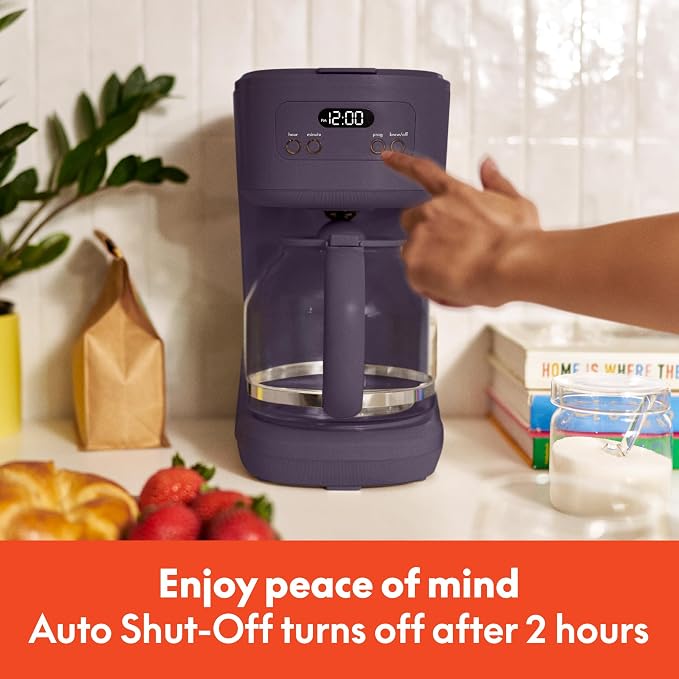 bella 12 Cup Programmable Coffee Maker, Reusable Dishwasher Safe Accessories, Easy LCD display, Auto Shutoff, 900 watt, Plum