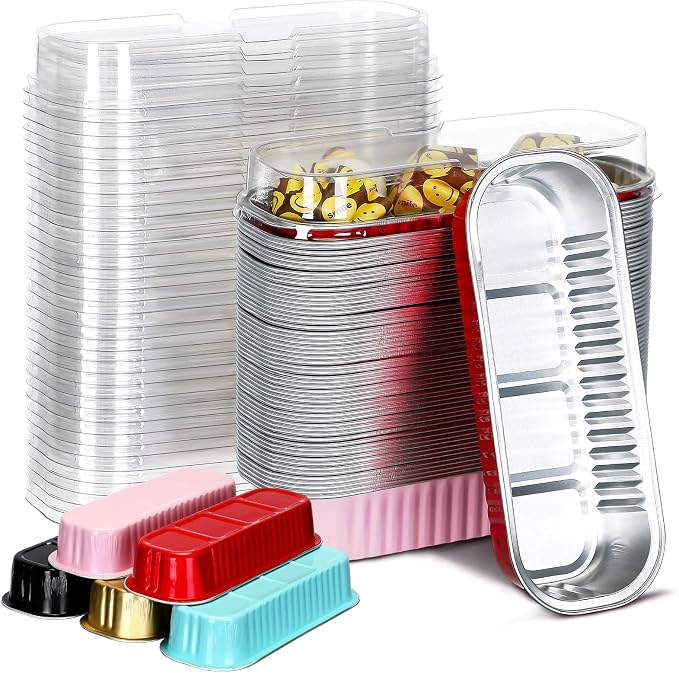 Qunclay 200 Pcs Aluminum Foil Mini Loaf Pans with Lids 6.8 oz Disposable Mini Cake Pan with Lid Rectangle Baking Cups for Party Muffin Cheesecake Ramekins(Multicolor)
