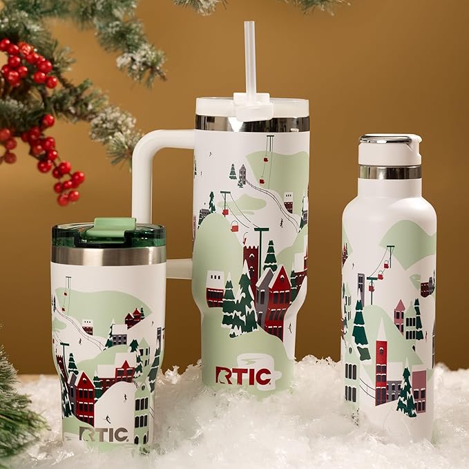 RTIC 30 oz Road Trip Tumbler Double-Walled Ceramic Lined InsulatedStainless Steel Portable Travel Coffee Mug Cup with Lid, Handle and Straw, Apres Ski