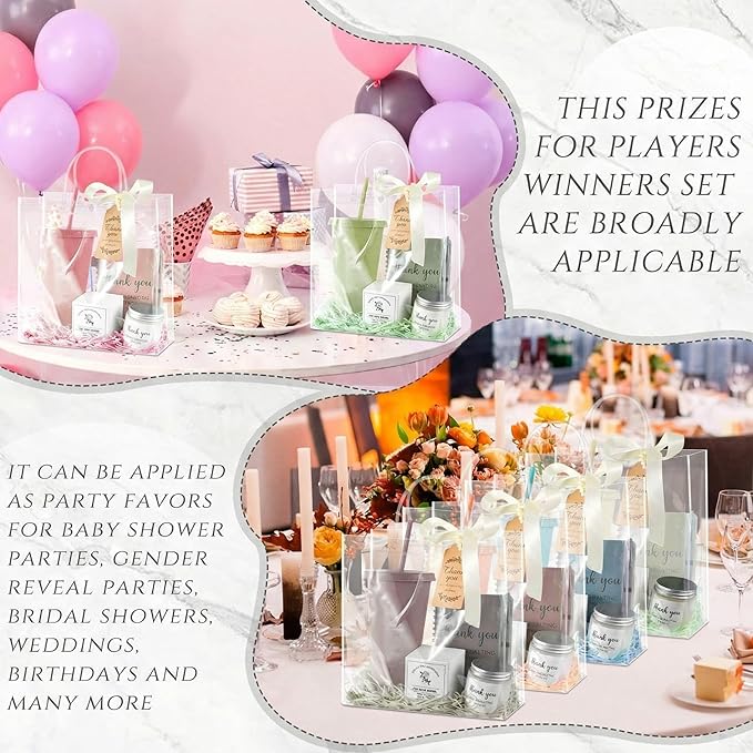 Nuogo 6 Sets New Parent Shower Prizes for Player Winners Adult, Wedding Bridal Shower Gift, Plastic Tumbler Notebook Scented Candle Ballpoint Pen Bag (Morandi Color,Classic Style)