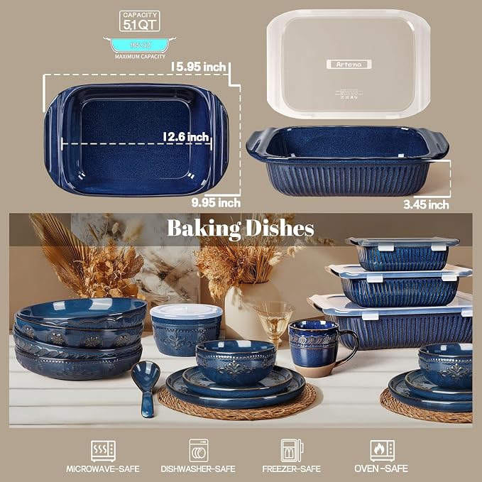 Artena Baking Dish 5.1 Quarts, Casserole Dishes For Oven, Baking Pan With Handles, Lasagna Pan Deep, Large Casserole Dish, Rectangular Ceramic Bakeware (Blue, With Lid)
