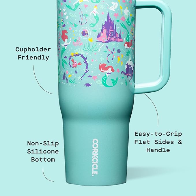 Corkcicle Cruiser Insulated Tumbler with Handle & Straw - Keeps Beverages Cold 20 Hours - Triple Insulated - Summer Drinkware Gift - Keeps Drinks Ice Cold - 40 oz - Princess Ariel