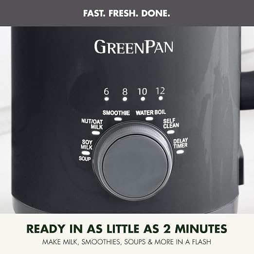 GreenPan 30oz Nut Milk Maker Machine, 15-in-1 for Homemade Almond, Oat, Soy, Coconut, Plant-Based Non-Dairy Beverages, Soups, BPA-Free Glass, Automatic Self-Clean, Delay Start, Gray