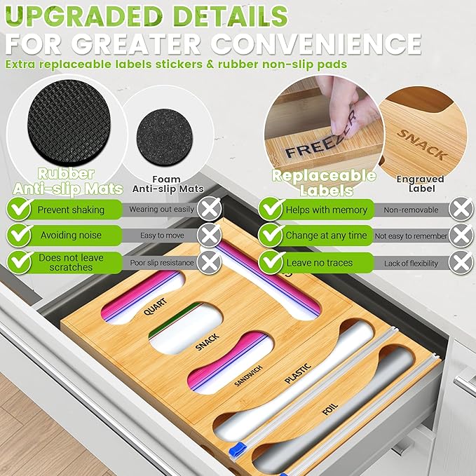 Thicker Bag Storage Organizer, Bamboo Baggie Holder With Aluminum Foil Dispenser, Foil and Plastic Wrap Holder With Cutter, 6 in 1 Sandwich Bag Storage for Drawer Kitchen