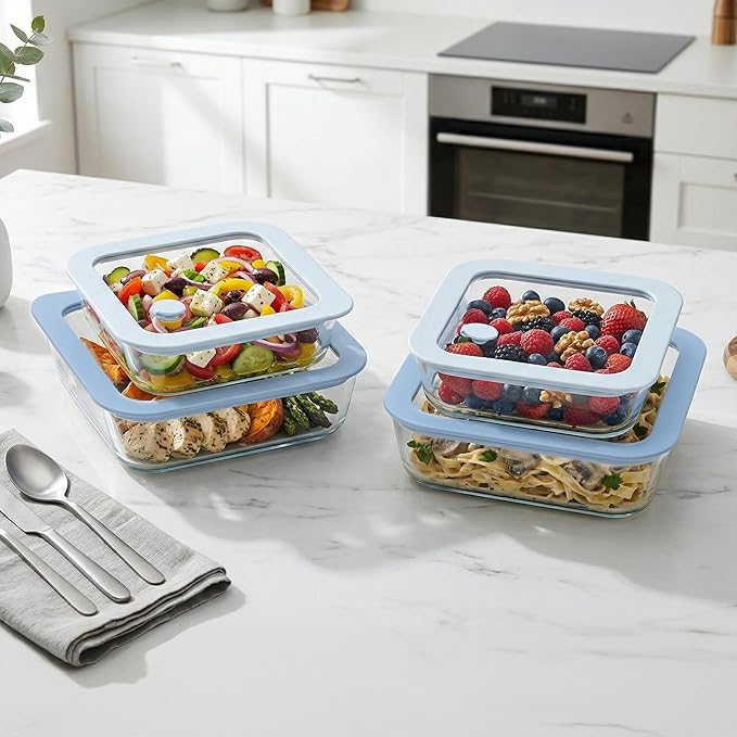 Urban Green Glass Food Container Set with Silicone Glass Lid, Square Shape, 4 Pack, Airtight, LeakProof, 100% Plastic Free, Meal Prep Food Storage Containers, Blue Color