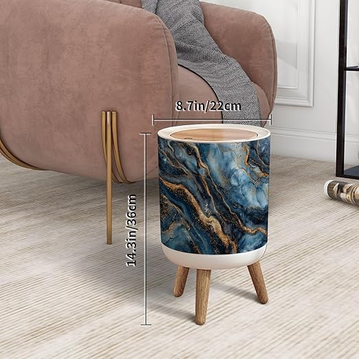 Trash Can with Lid Photo Navy Blue Dark Marble Golden Veins Close up Texture for Press Top Round Small Garbage Bin with Wooden Legs Waste Basket for Kitchen Bedroom Nursery 7L/1.8 Gallon