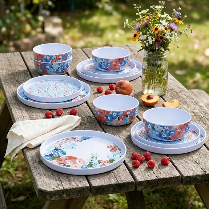 12 Pcs Melamine Dinnerware Set for 4, Floral Plates and Bowls Set | Dishwasher Safe&Lightweight Unbreakable Dish Set For Indoor Outdoor RV Camping Picnic,Service for 4